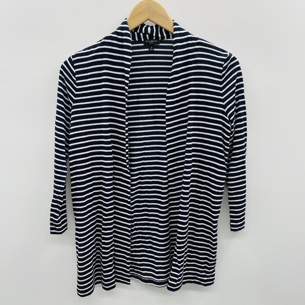 Talbots Petite Womens Size P 3/4 Sleeve Striped Open Front Cardigan in Blue 2204